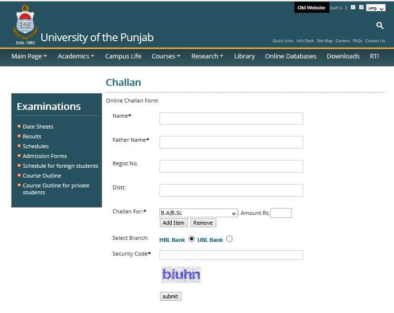 punjab university challan form download